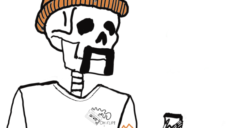 A stylized cartoon skeleton wearing an orange beanie and a white T-shirt with small printed graphics, holding a cup against a plain white background.